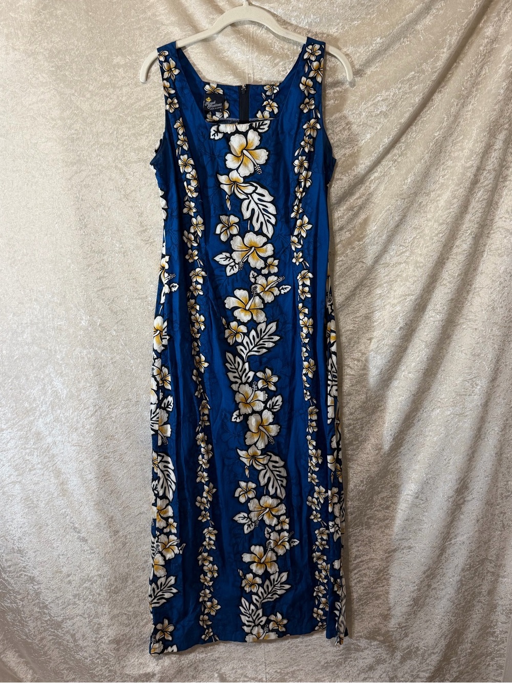 Vintage Royal Creations Hawaii Blue Hibiscus Floral Maxi Dress 100% Cotton L